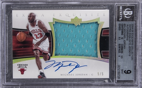 2004-05 UD Exquisite Collection "Extra Exquisite Jerseys Autos" #AEE-MJ Michael Jordan Signed Game Used Patch Card (#5/5) – BGS MINT 9/BGS 10